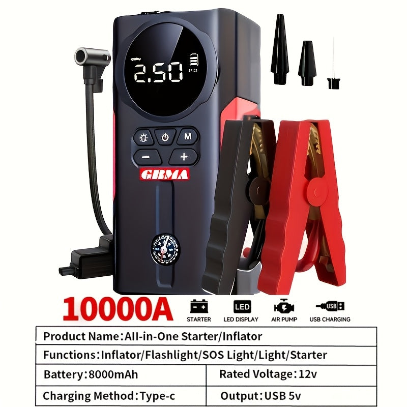 Démarreur de batterie portable pour voiture 2000 A – Booster sans fil 12 V pour démarrage rapide de moteurs essence (8,0 L) et diesel (6,5 L) avec entrée/sortie USB, lampe d'urgence LED – Accessoire auto et outil d'urgence