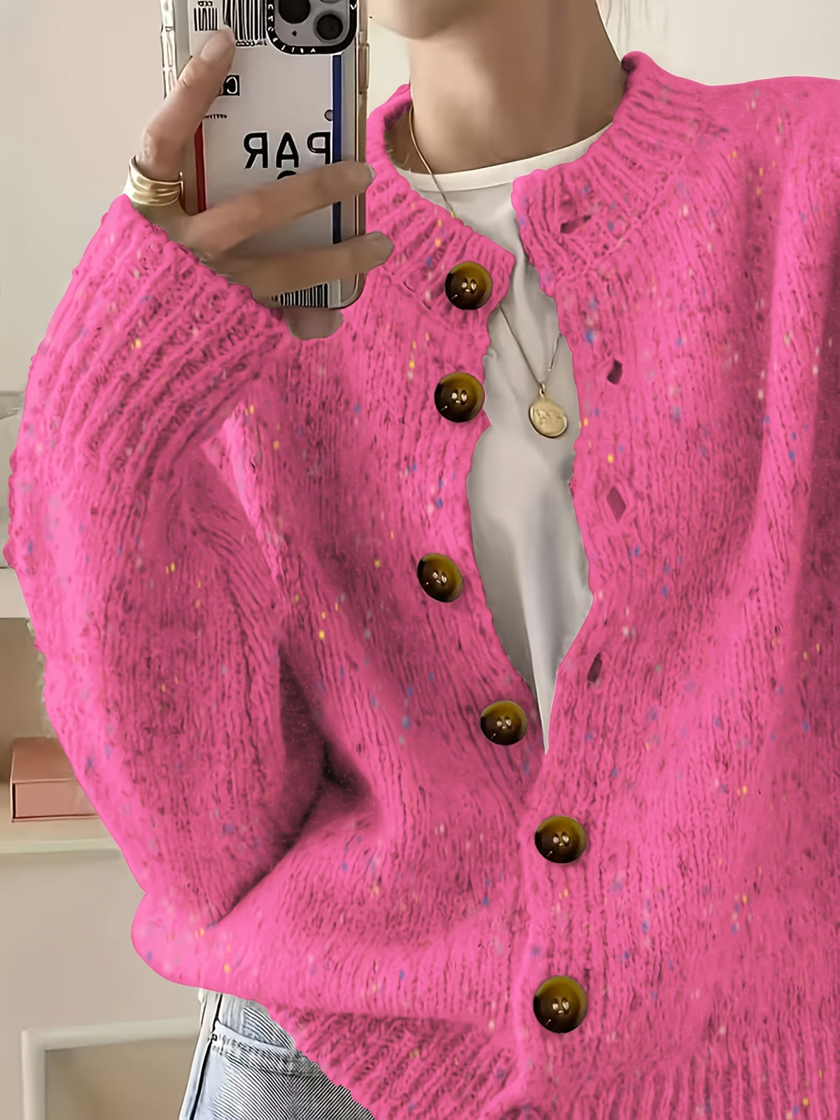 Cardigan décontracté pour femme à boutons, manches longues, col rond, maille colorée | Haut élégant et léger en tissu extensible à motif pois bonbon, tailles S M L XL