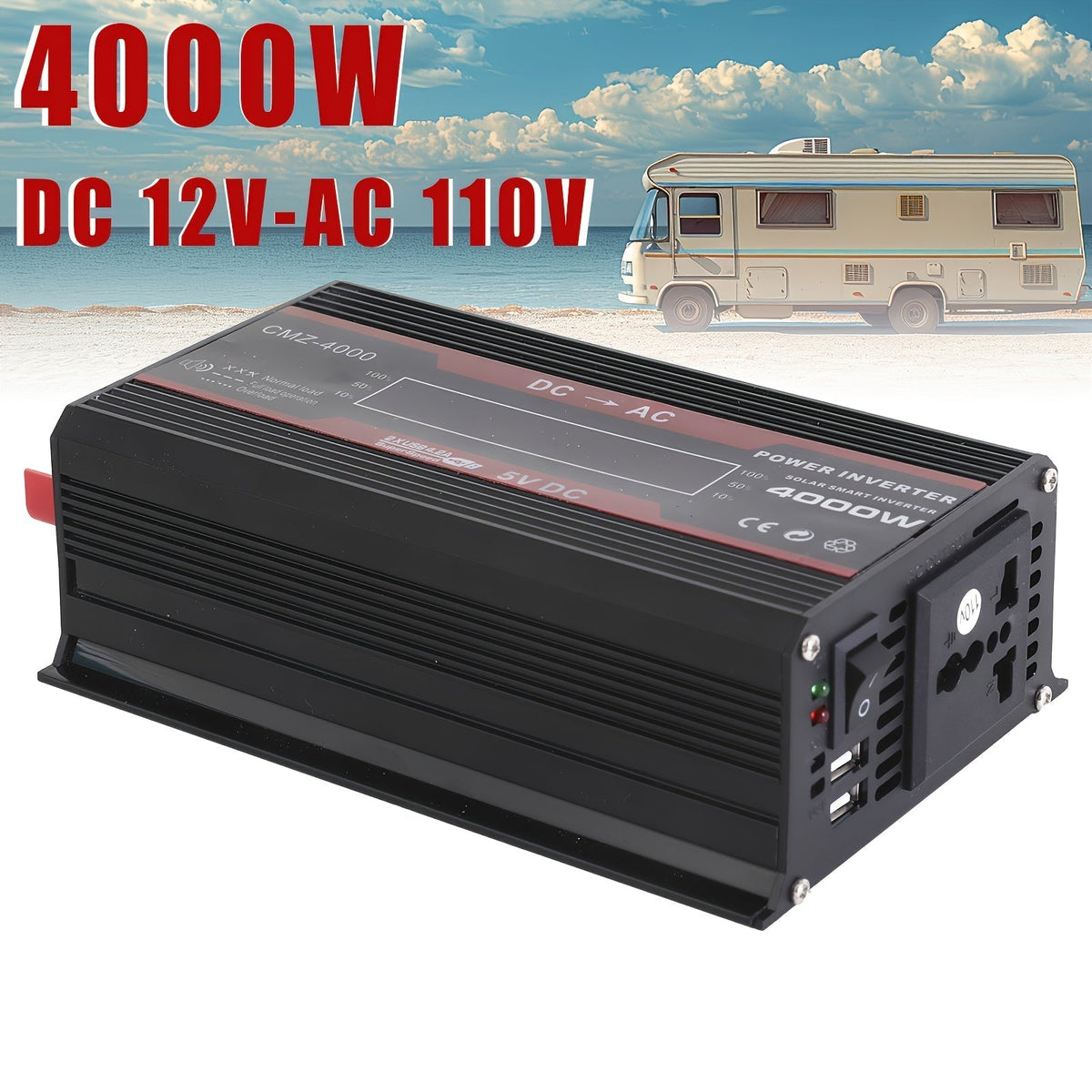 Onduleur de voiture 4000W CC 12V vers CA 110V avec écran LCD, ventilateur de refroidissement et protection contre les surcharges - Convertisseur portable de 800W nominal pour voyages en voiture, camping, activités en extérieur et kits d'urgence