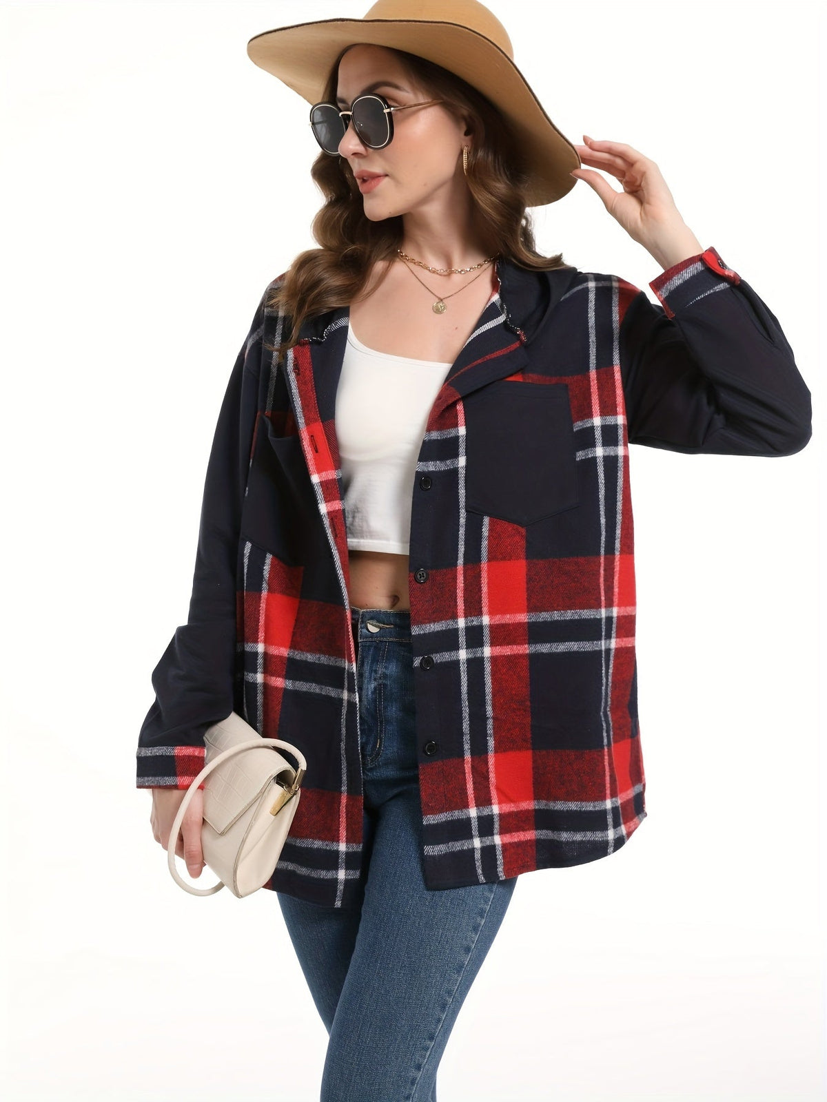 Veste à capuche à carreaux pour femme, épaules tombantes, poche plaquée tissée, vêtement d'extérieur décontracté, 100 % polyester, suédine, PU, noir et blanc, S, M, XXL