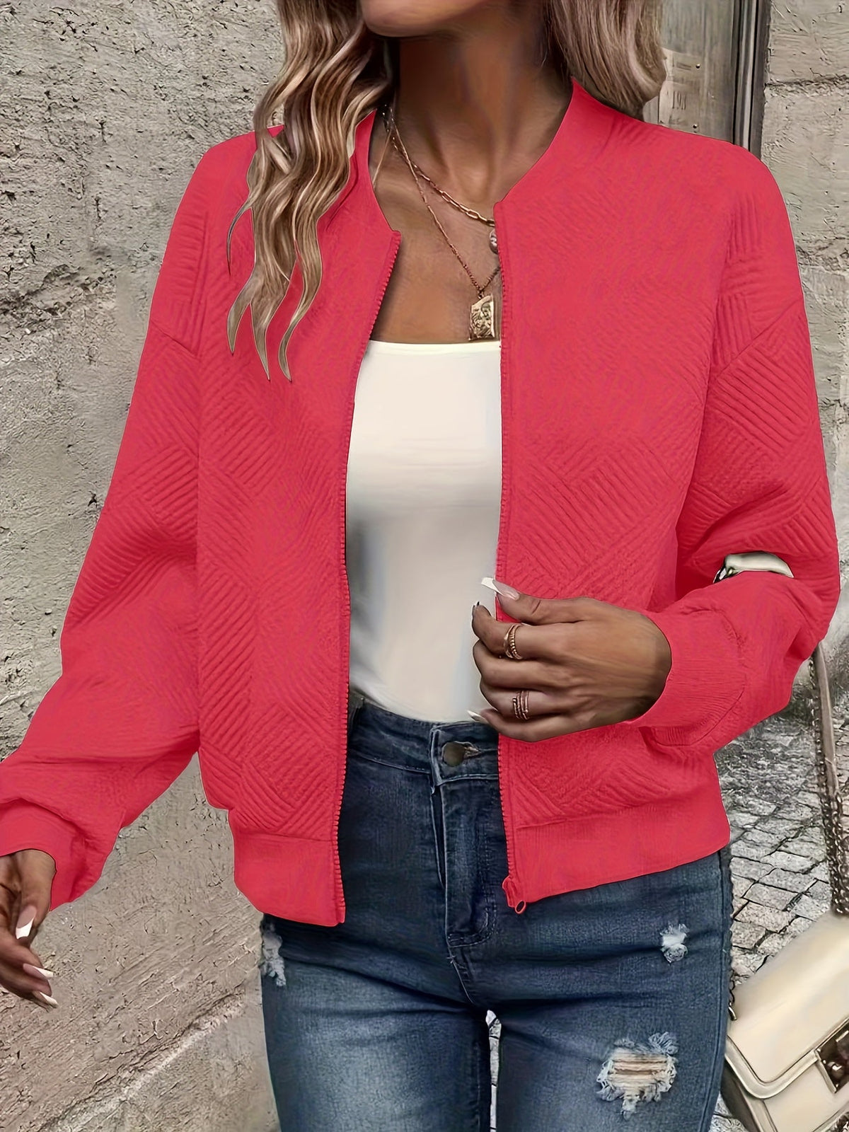 Veste zippée style baseball pour femme - Vêtement d'extérieur décontracté de couleur unie | Manteau sportif doublé en polyester avec bords-côtes, nouveauté mode automne-printemps
