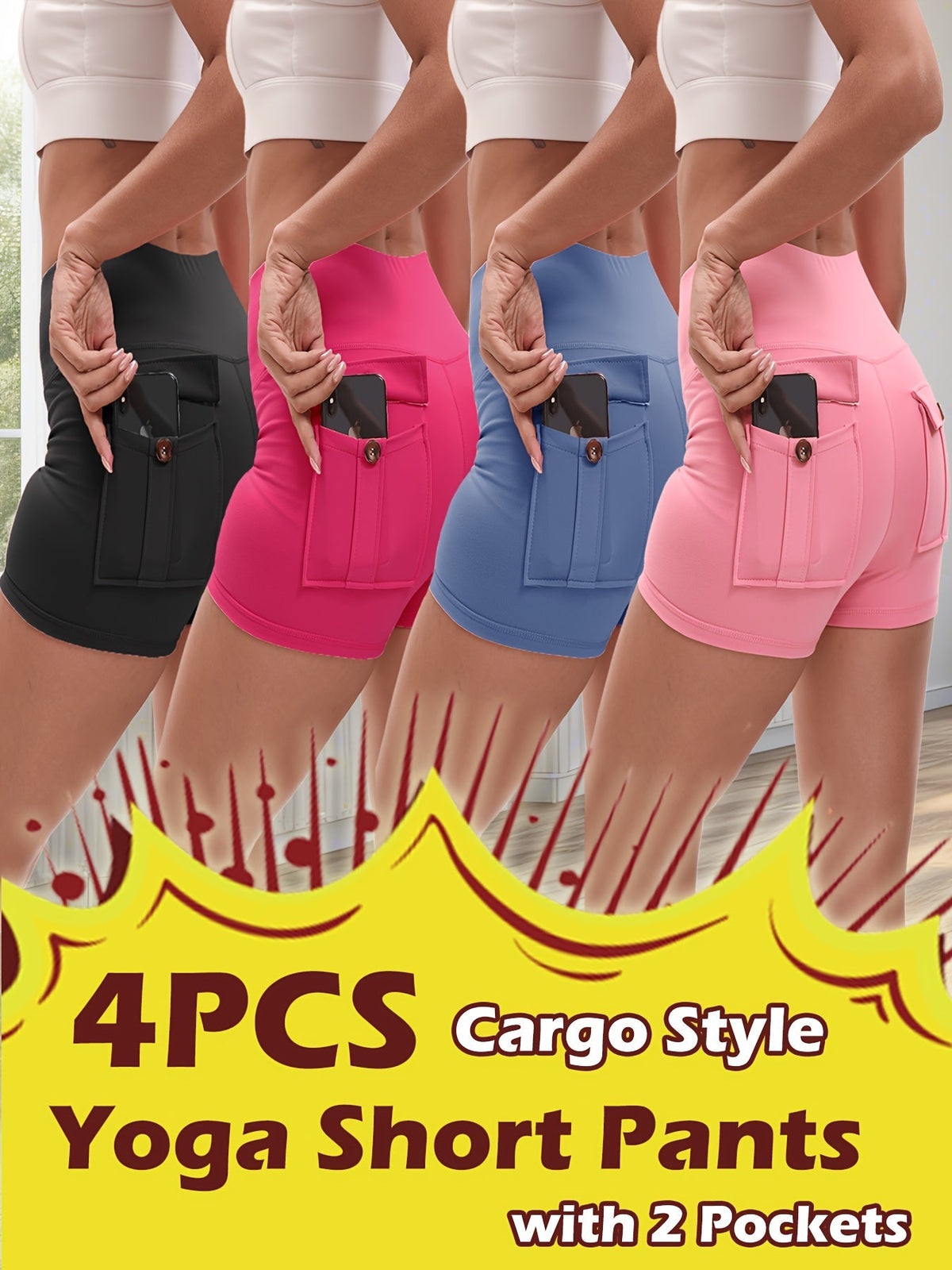 Ensemble de 4 shorts de yoga ultra-extensibles pour femmes – Shorts de fitness galbants à séchage rapide avec taille élastique et 2 poches, short de sport uni pour la gym, la course et le Pilates, S-XXL