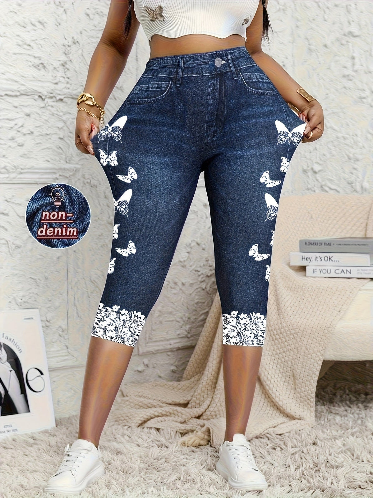 Legging Capri pour femme effet jean, pantalon stretch moulant imprimé, pantalon court, couleurs mélangées bleu fleur, S M L XL XXL