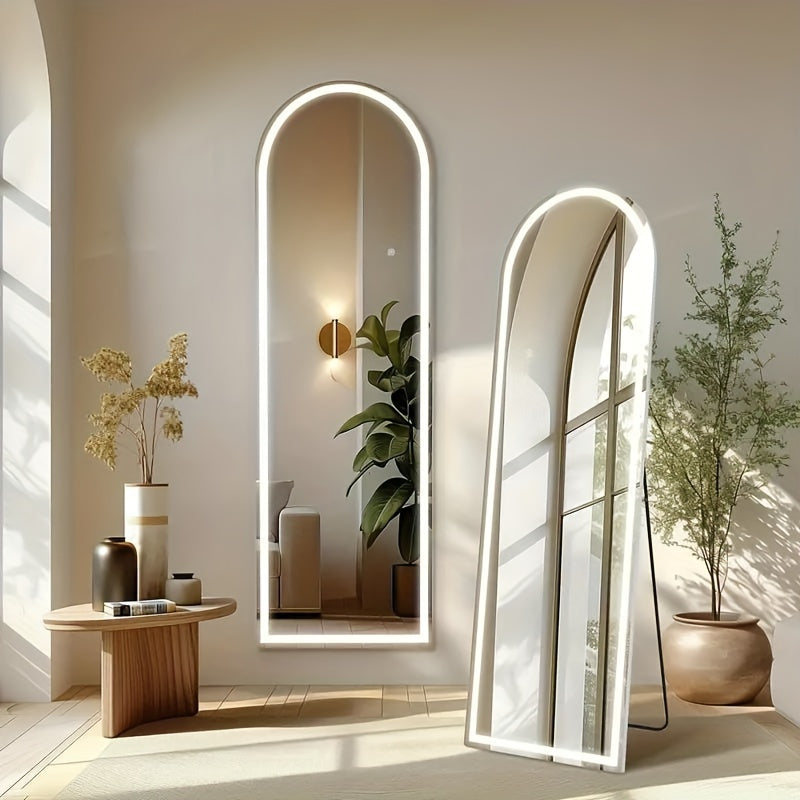 Miroir sur pied pleine longueur avec lumières LED - Sommet arqué et rectangulaire, cadre en aluminium, miroir habillage sur pied de 180 cm pour chambre et salon, noir or blanc, verre trempé de 5 mm