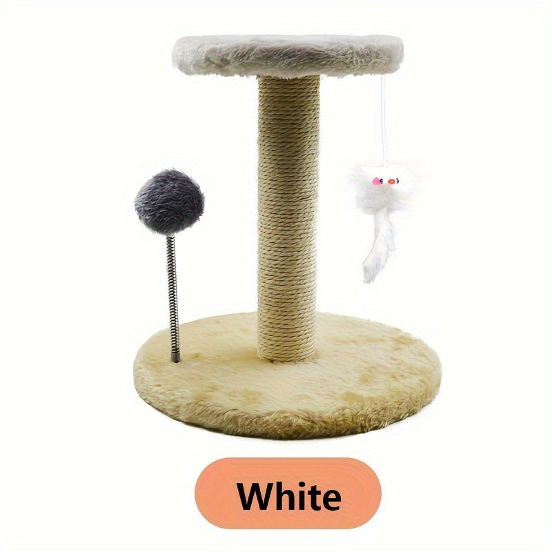 Arbre à chat avec griffoir, souris suspendue et balle sur ressort, tour d'activité pour chatons et jeunes chats, blanc, gris, marron