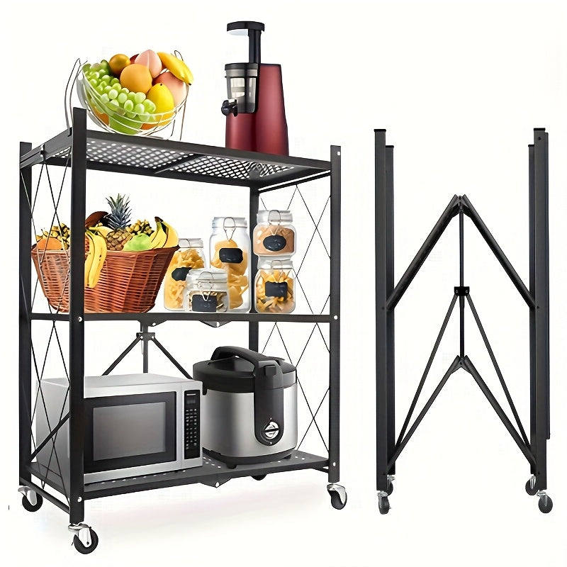 Étagère de rangement pliable en métal robuste à 3 niveaux avec roulettes, capacité de 340 kg – Unité de rayonnage roulante et mobile pour garage, cuisine, entrepôt et organisation de la maison, noir