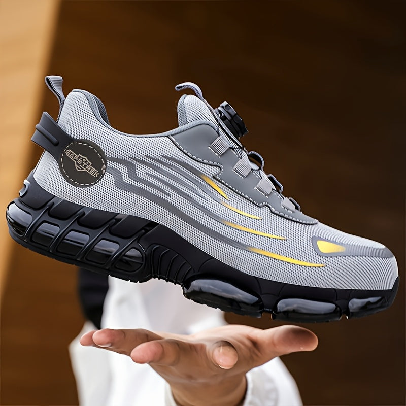 Chaussures de sécurité à embout d'acier pour hommes et femmes – Baskets de protection légères et respirantes avec semelle antidérapante, bout rond, coupe basse – Idéales pour la construction, l'entrepôt, l'extérieur et le camping (Noir/Gris, US 5–12,5)