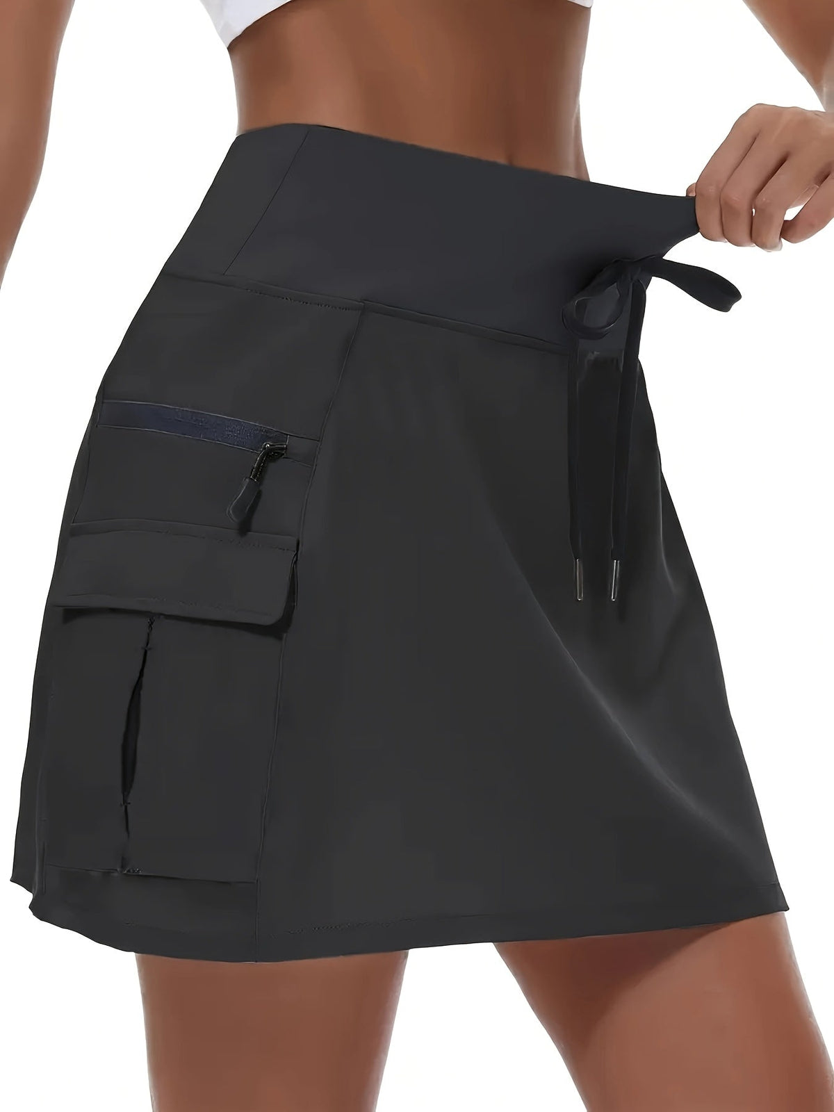 Shorts femme taille haute à séchage rapide | Short en polyester tissé respirant avec fermeture éclair, cordon de serrage et poches multiples pour le sport et les loisirs, printemps-été