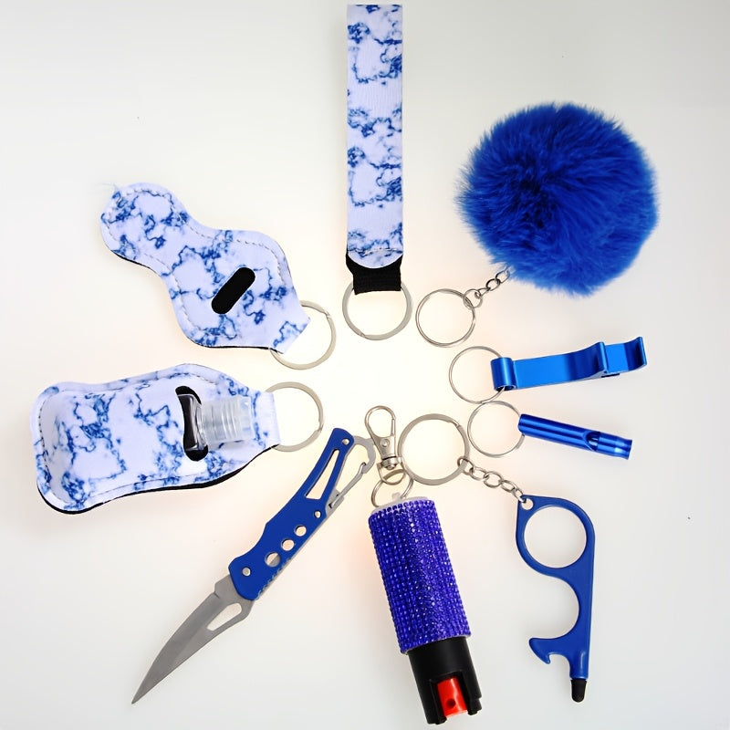 Kit de porte-clés de sécurité personnelle pour femmes avec sifflet, couteau de poche et spray, accessoires d'autodéfense compacts pour les sorties quotidiennes, cadeau d'anniversaire ou de fête, 6 couleurs