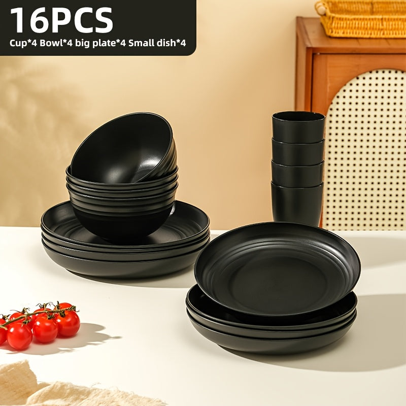 Black Wheat Straw Tableware Set β 16/32 Piece Unbreakable Eco-Friendly Plates Dessert Plates Bowls & Cups for 4-8 People, Outdoor Camping Party Wedding Halloween Kitchen Accessories