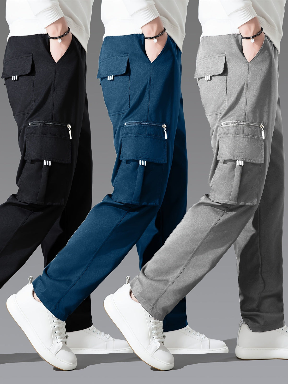 Lot de 3 pantalons cargo pour homme, coupe droite multipoches – Pantalon de randonnée en polyester tissé uni pour le printemps et l'automne, tailles S à XXXL, 9 combinaisons de couleurs