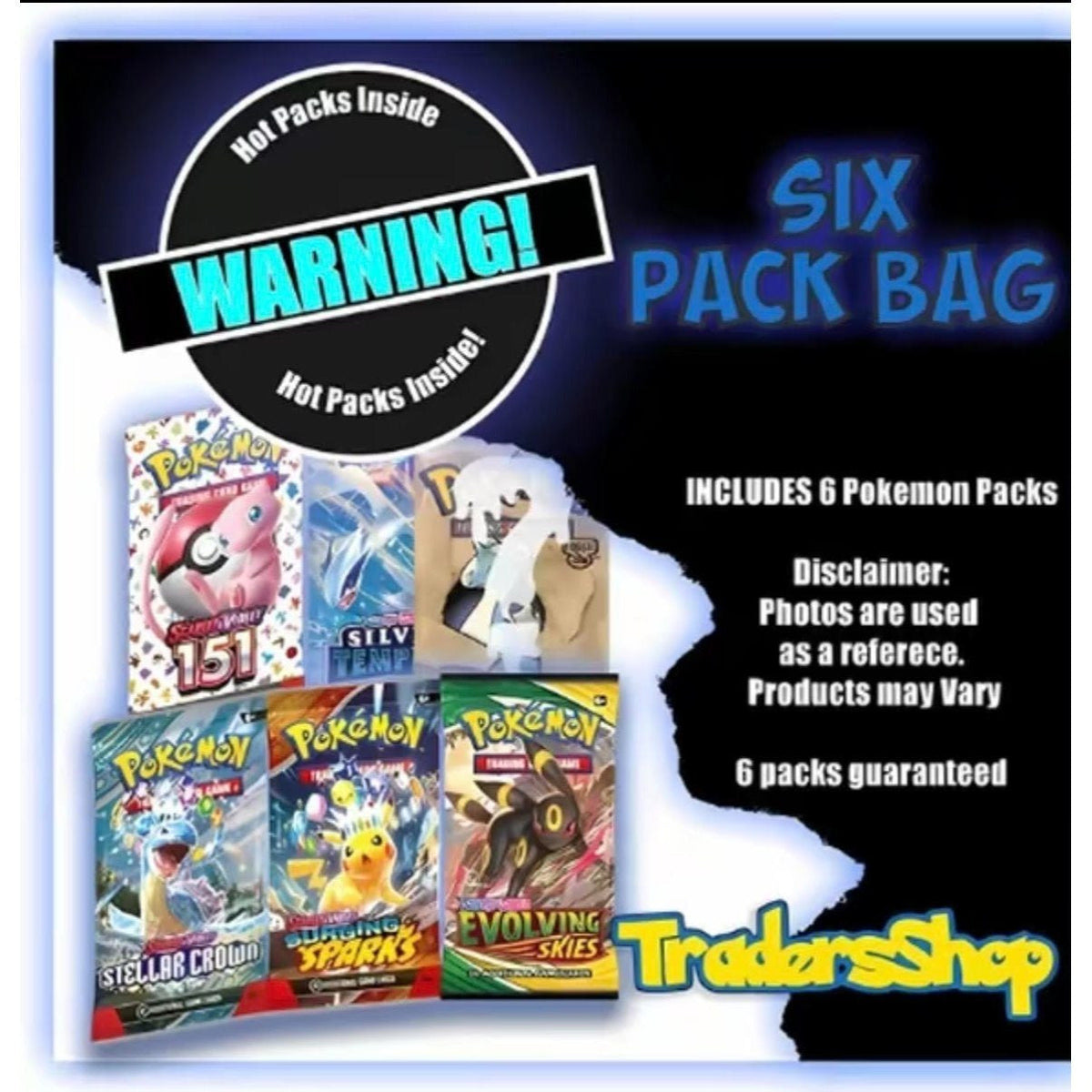 Sac mystère de 6 boosters JCC Pokémon – 6 boosters authentiques garantis issus d'époques variées (du vintage au moderne), en anglais ou en japonais, lot surprise idéal pour les collectionneurs et les amateurs d'ouverture de paquets.