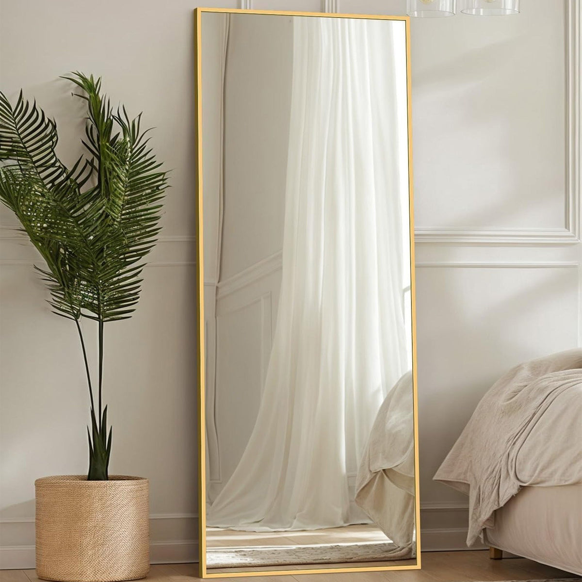 Miroir sur pied pleine longueur à sommet cintré – Miroir plein corps avec support pour chambre, salon et dressing, peut être fixé au mur, disponible en 3 tailles et 2 coloris (noir et doré)