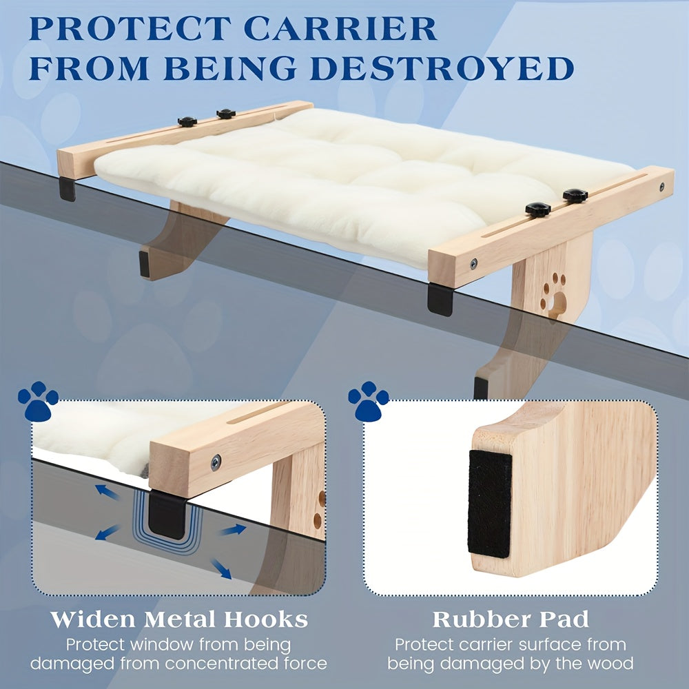 Perchoir et hamac pour chat en bois haut de gamme – Robuste, supporte jusqu'à 18 kg, fixation multi-emplacement pour fenêtre, mur et placard, plateforme extra-large avec coussin moelleux, sans danger pour les grands chats