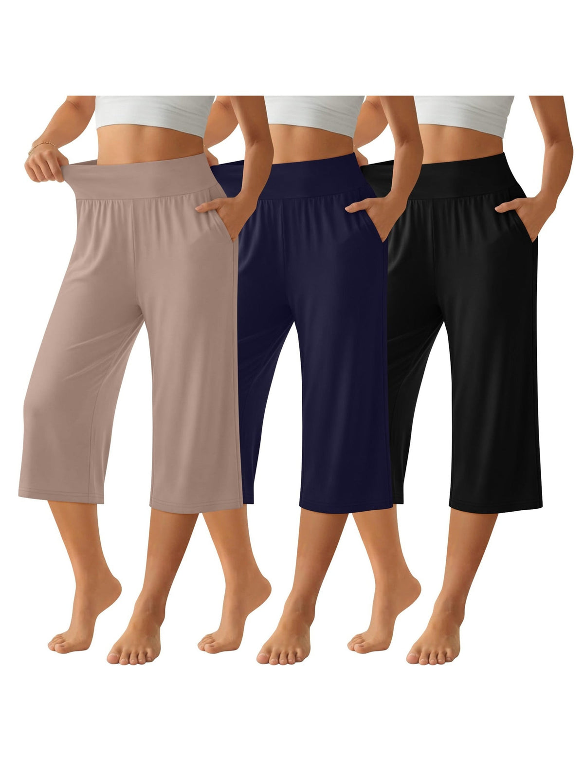 Lot de 3 pantalons Capri pour femme – Pantalons de jogging amples style détente, coupés avec poches et taille élastique, pantalon Capri de yoga pour le printemps, l'été, l'automne et les tenues décontractées du week-end