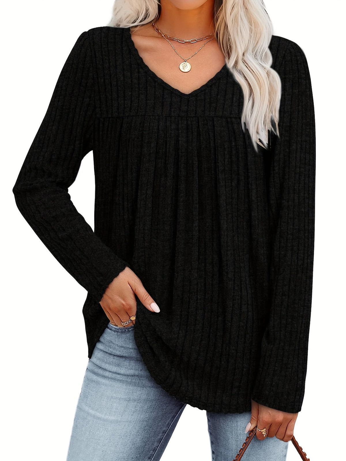 Haut-pull à manches longues et col en V pour femme – Chemisier décontracté et léger à pli frontal, chemise élégante et ample, plusieurs couleurs, tailles S à XXL