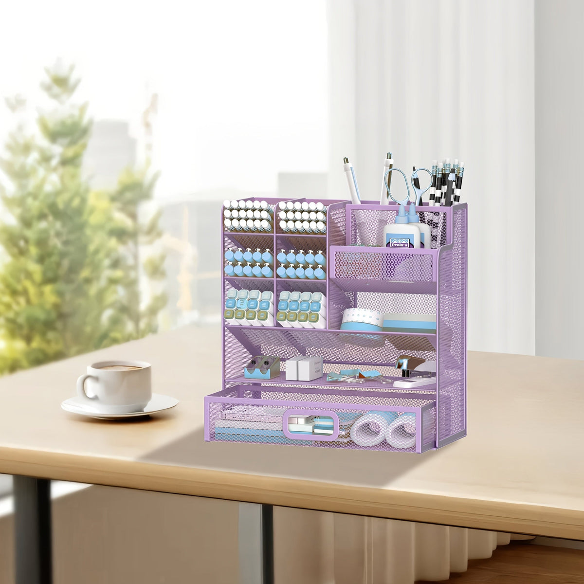 Organisateur de bureau en maille avec tiroir et porte-stylo – Rangement pour crayons pour bureau, école et atelier d'art, design en maille respirante, disponible en noir, jaune et bleu