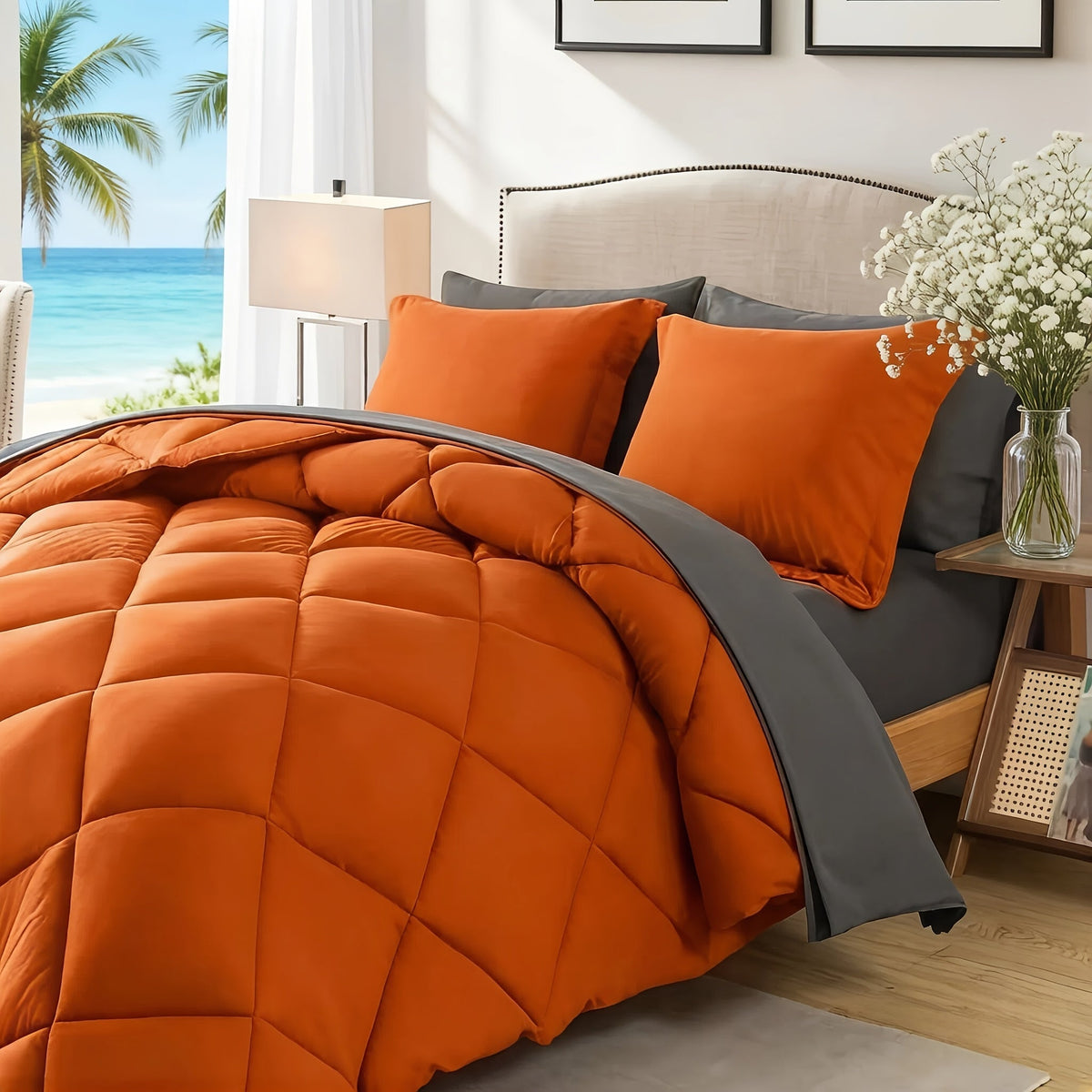 Ensemble de literie 7 pièces pour lit Queen/King – Parure de lit en microfibre douce à plis pincés, comprenant une couette, un drap-housse, un drap plat et 4 taies d'oreiller, ensemble de literie toutes saisons pour la maison et le dortoir