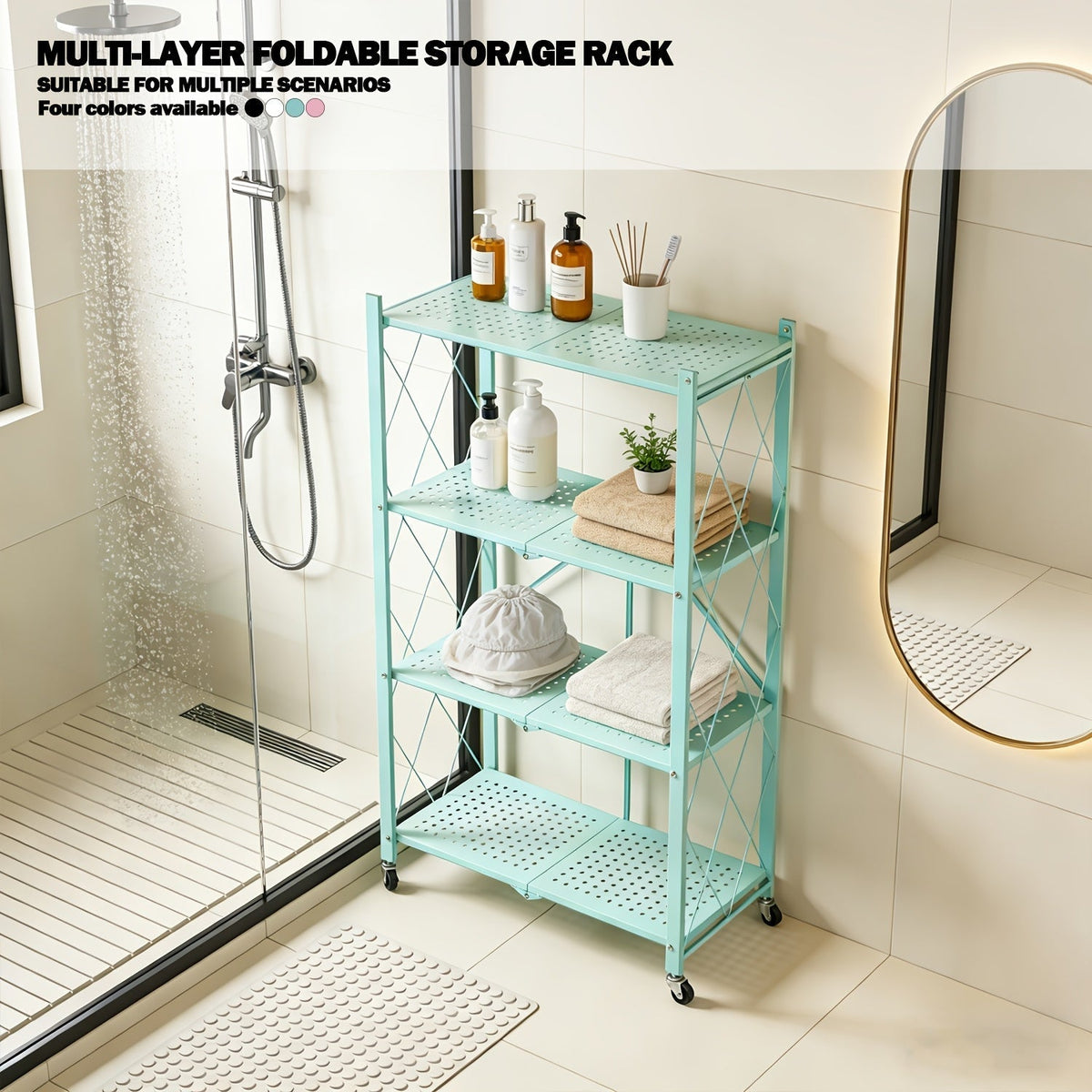 Heavy Duty Folding Storage Rack with Wheels β 3/4/5-Tier Portable Floor-Standing Shelf, No Assembly Required, for Home, Office, Bedroom & Dorm, 4 Colors Available