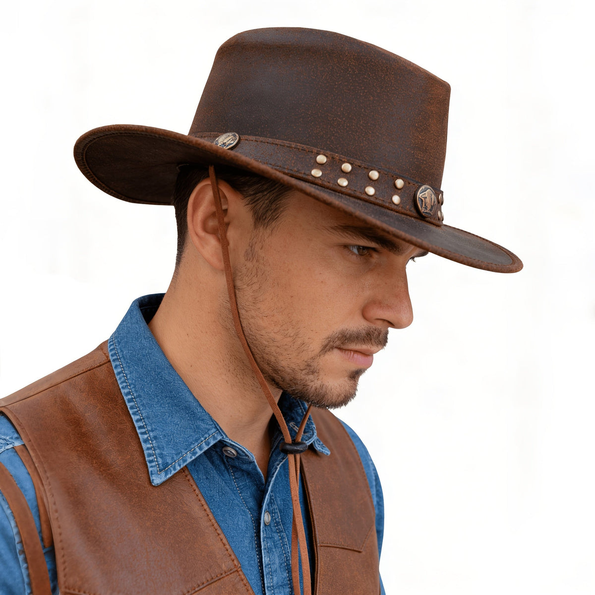 Chapeau de cow-boy en cuir véritable pour hommes et femmes, style western australien à larges bords, forme modulable, protection UV, chapeau vintage marron avec cordon de menton, tailles S à 3XL