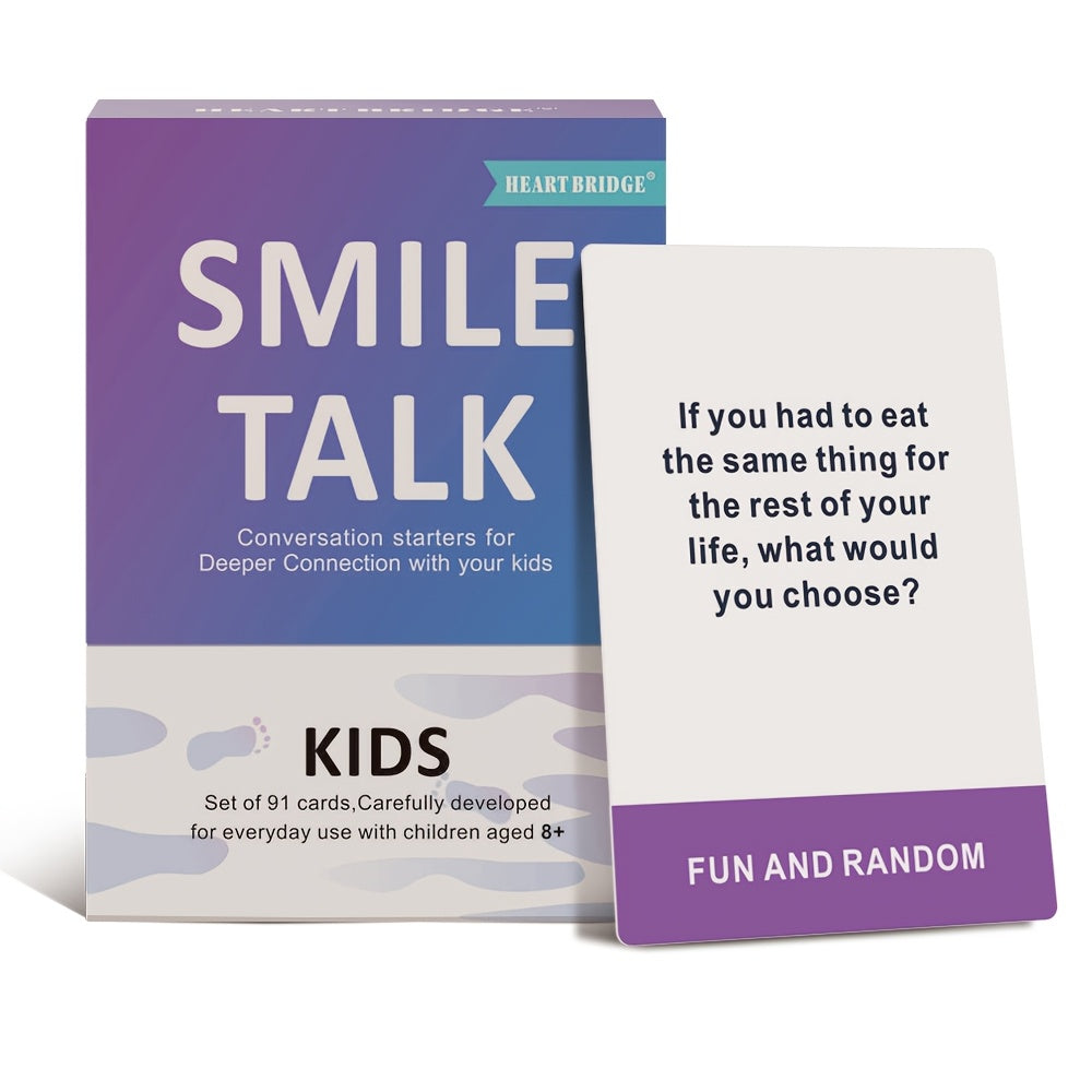 Jeu de cartes de conversation parent-enfant Smile Talk - 91 cartes avec 90 amorces de conversation significatives pour stimuler la pensée créative et les liens familiaux, activité amusante pour une soirée en famille, cadeau d'anniversaire et de vacances