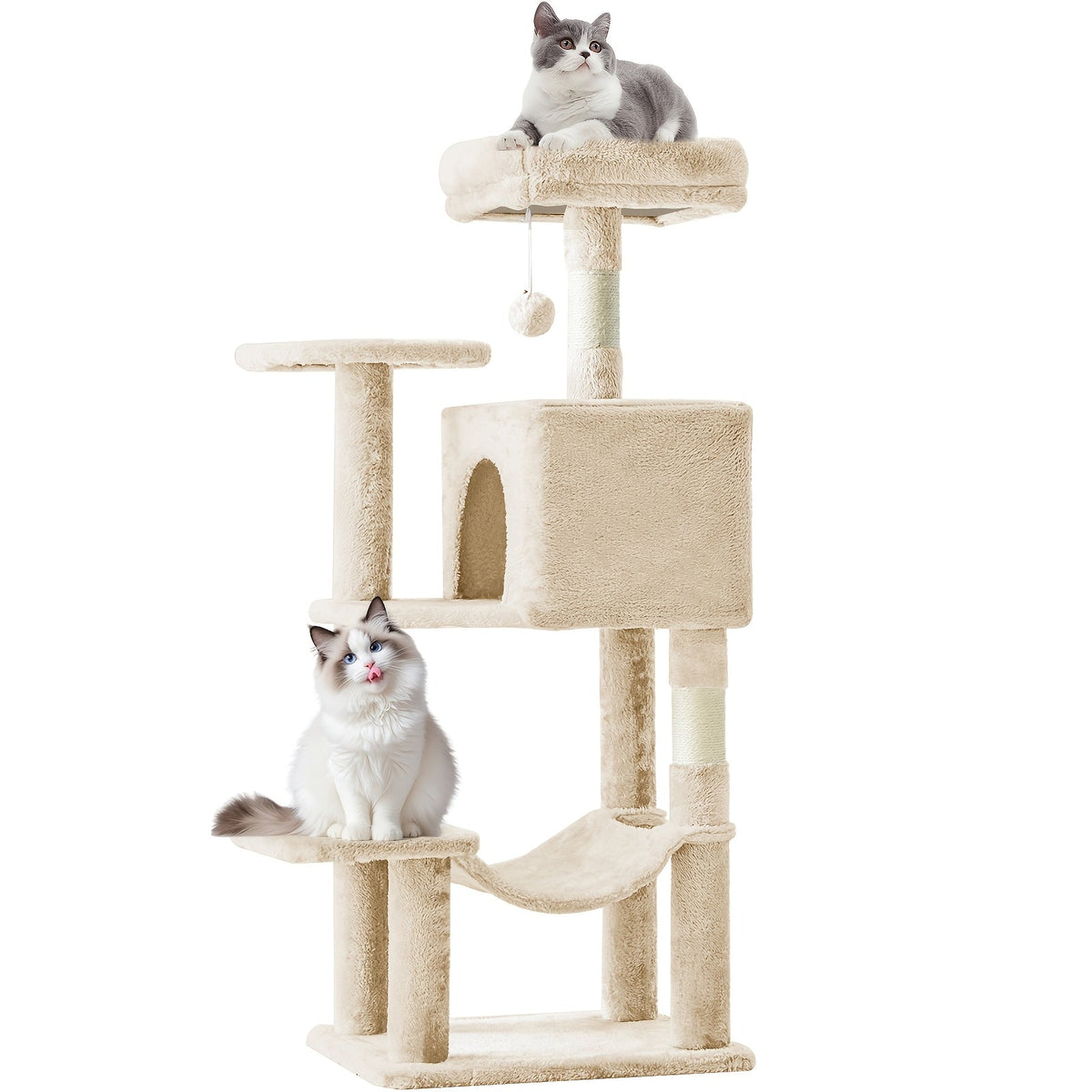 Arbre à chat de 112 cm avec niche et hamac – Poteaux à griffer en sisal naturel, perchoirs à plusieurs niveaux et maison pour chats d'intérieur, disponible en beige, gris, rose et noir/rouge