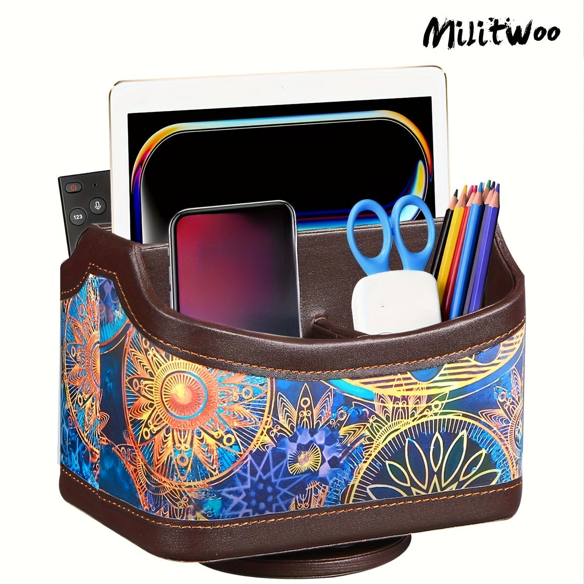 360° Swivel Remote Control Holder – 5-Compartment PU Leather Desk Organizer for TV Remotes, Phones, Eyeglasses, Pens & Office Accessories, Rotating Desktop Storage Caddy
