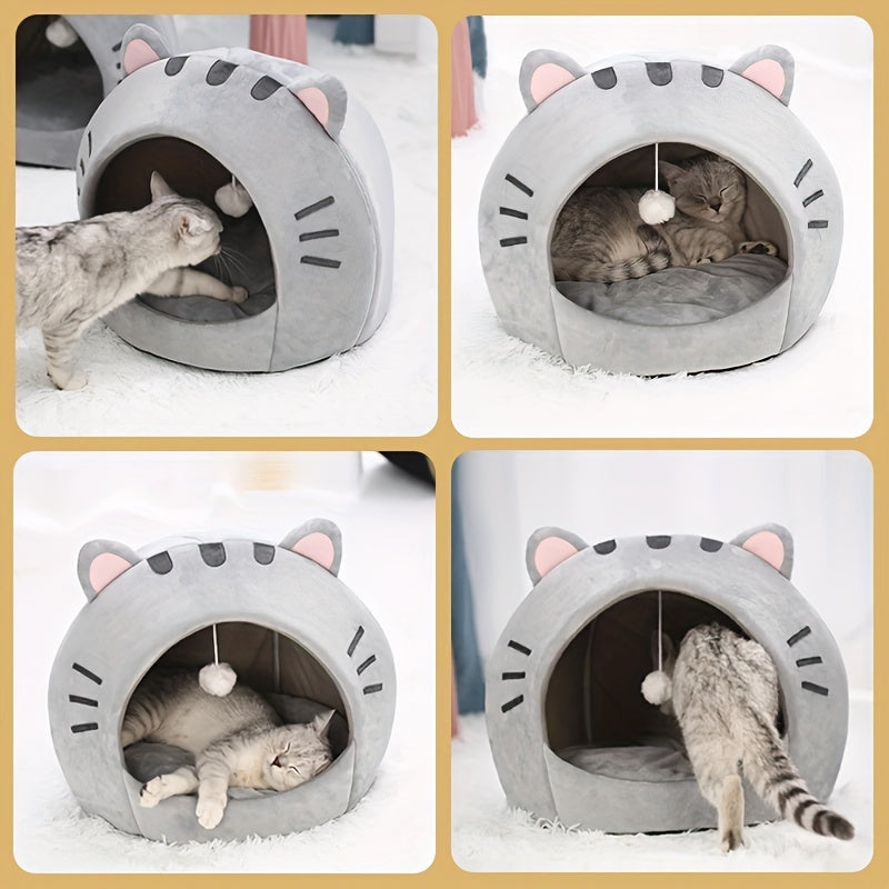 Niche pour chat, lit douillet et chaud pour chaton avec coussin amovible et lavable, design mignon avec oreilles de chat, tente semi-fermée pour chats d'intérieur et chatons – Lit de couchage en peluche douce antidérapant pour animaux
