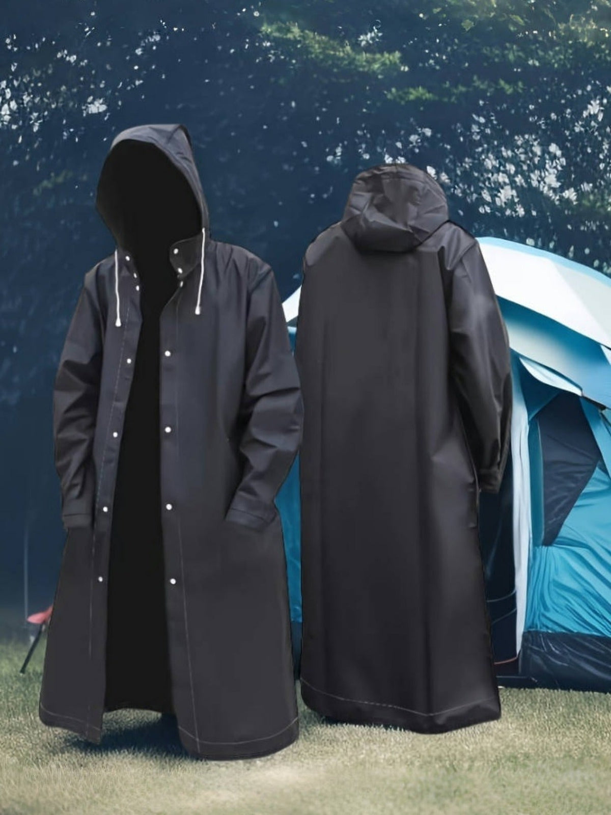 Imperméable à capuche pour hommes et femmes, veste de pluie longue, ample et ajustable par cordon de serrage, imperméable pour le cyclisme, la randonnée, la pêche et les sports de plein air, manteau de pluie noir minimaliste, tailles L à XXXL