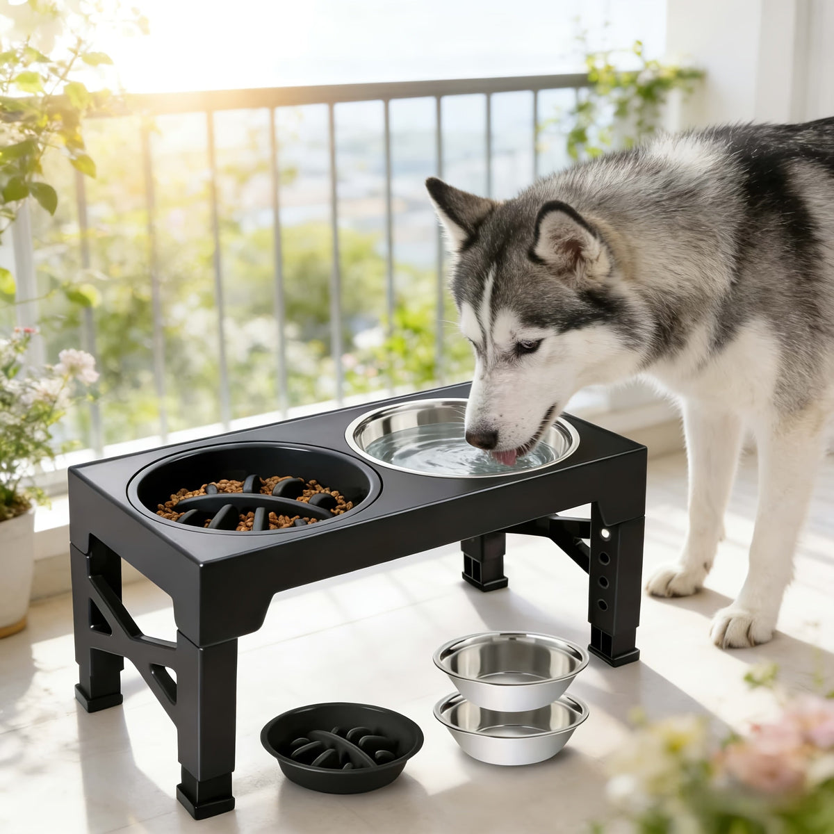 Support de gamelle réglable en hauteur avec gamelle anti-glouton et bol en acier inoxydable – Station de nourriture pliable à 5 niveaux pour chiens et chats de taille moyenne à grande, noir et rose