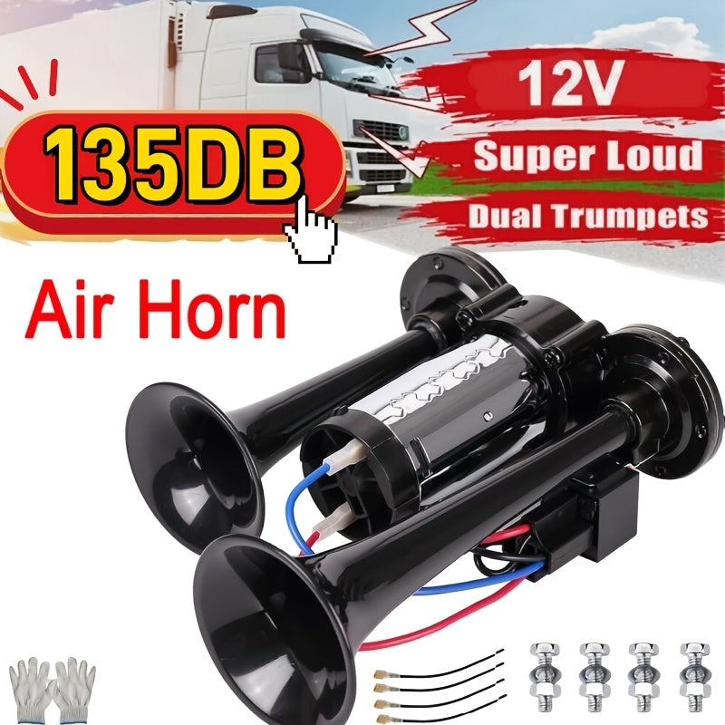 Kit de klaxon à air double super puissant 12V 24V avec compresseur d'air 105-137 dB, klaxon électrique universel en alliage d'aluminium pour camion, train, voiture, SUV, moto, bateau et pick-up