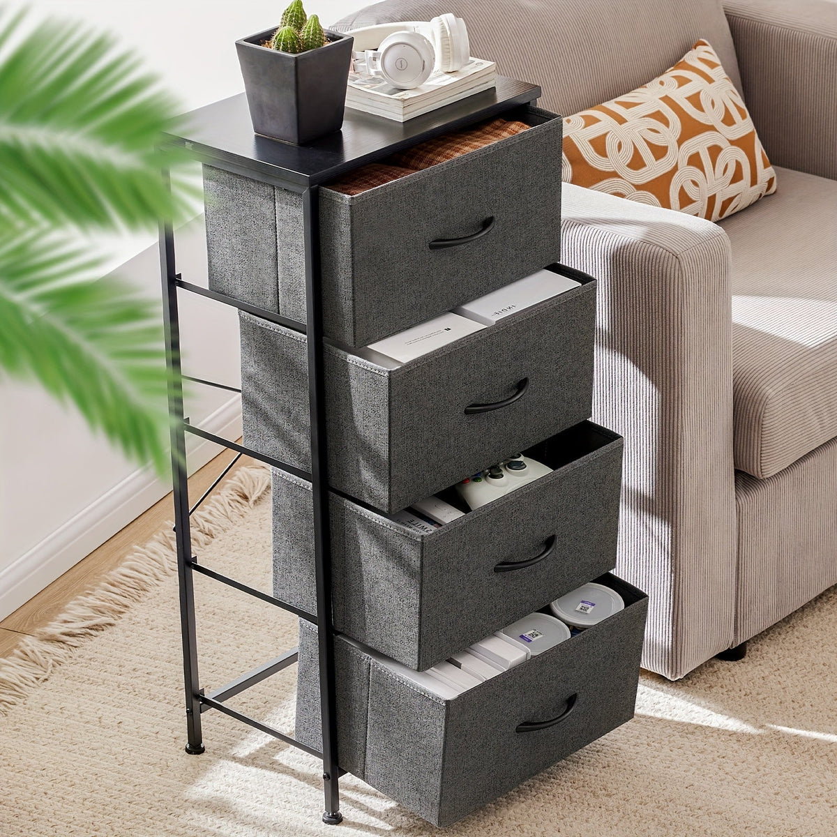 Meuble à tiroirs avec cadre en métal et dessus en bois massif – Organisateur de rangement pour bureau à domicile, 2 à 10 tiroirs, assemblage requis – Blanc, gris, noir, brun rustique – Caisson de rangement pour chambre, salon et bureau