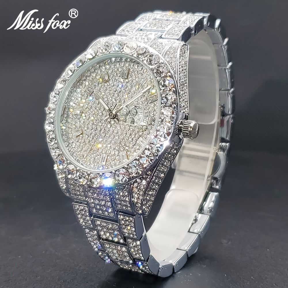 Montre à quartz pour homme avec strass, style classique business, affichage de la date, bracelet en alliage de zinc, argenté et doré, style luxueux, cadeau pour lui