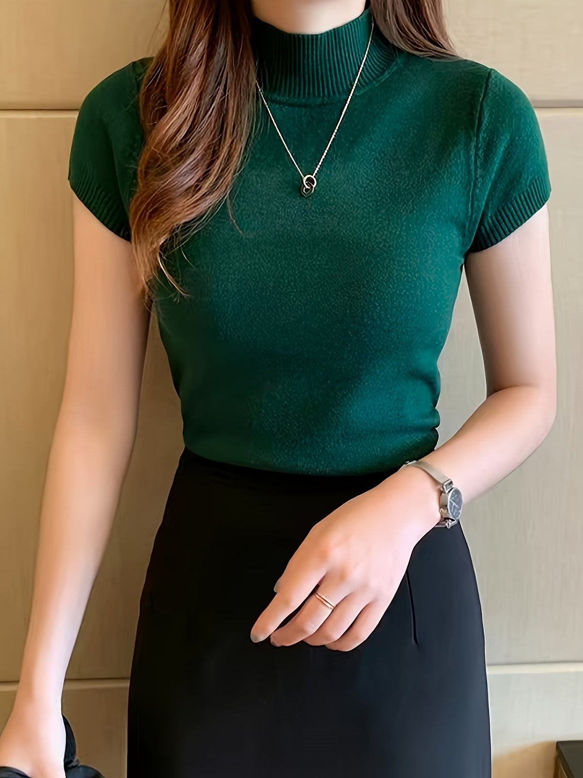 Pull à manches courtes et col montant en fibre glacée pour femme | Haut en maille fine rafraîchissant et léger, tenue décontractée et polyvalente pour l'été