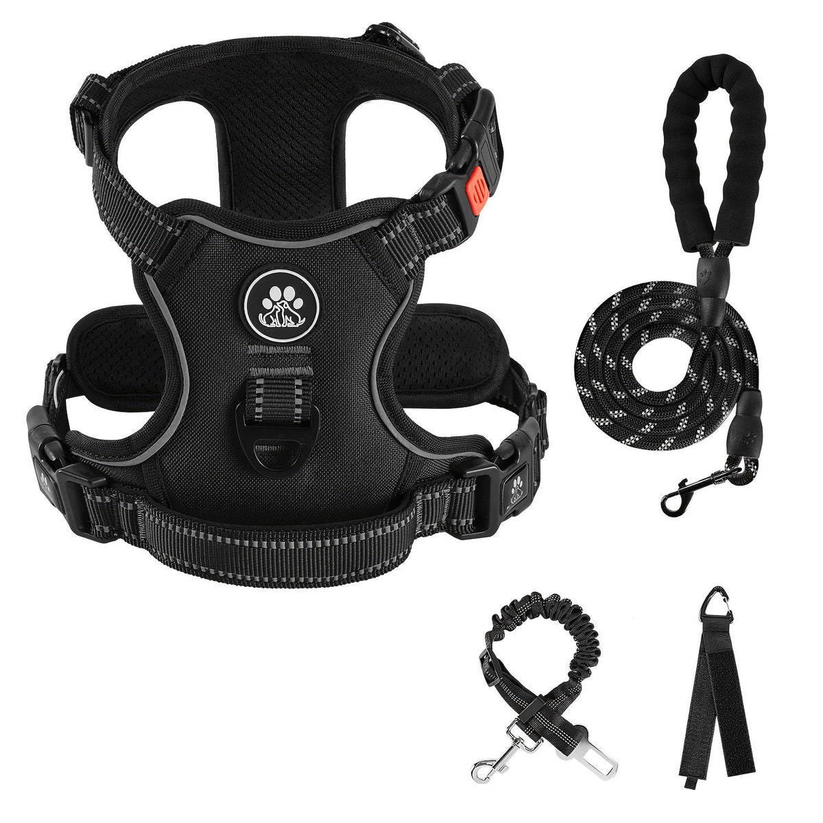 Ensemble harnais anti-traction pour chien avec laisse rétractable, ceinture de sécurité et collier – Harnais gilet entièrement réfléchissant, réglable et respirant avec poignée pour petits et grands chiens, tailles XS–XL
