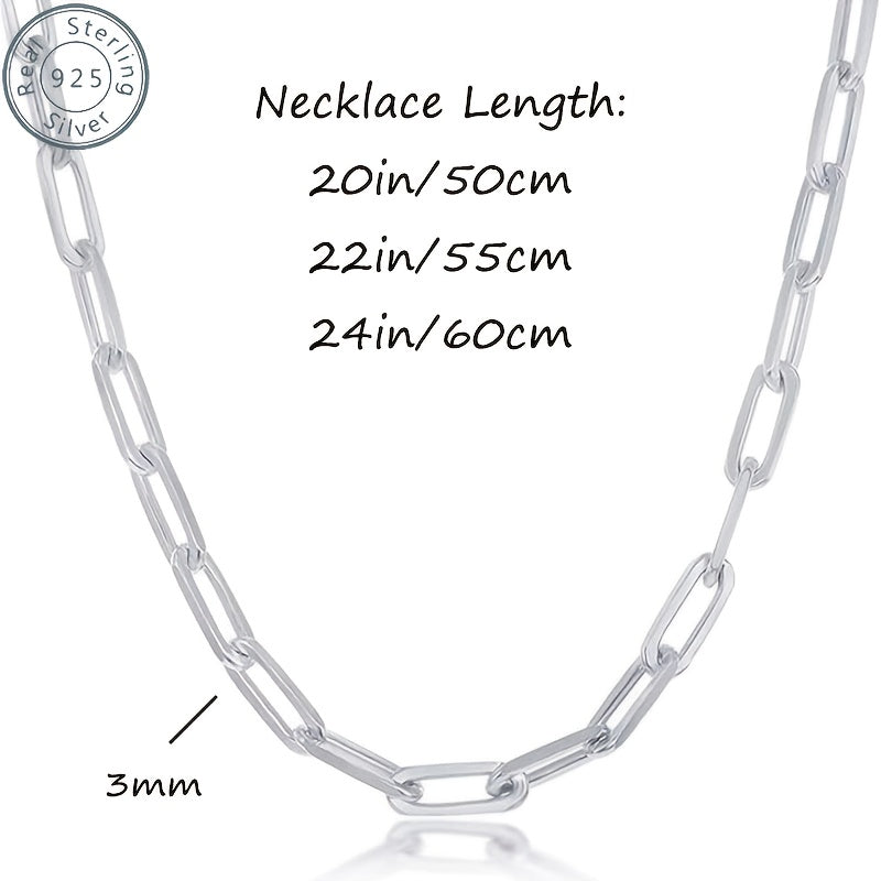 Collier chaîne trombone en argent sterling 925 pour femmes et hommes – Style bohème de 3 mm d'épaisseur avec pierre synthétique, 20/22/24 pouces, coffret cadeau inclus, bijou durable pour un usage quotidien et offrir en cadeau