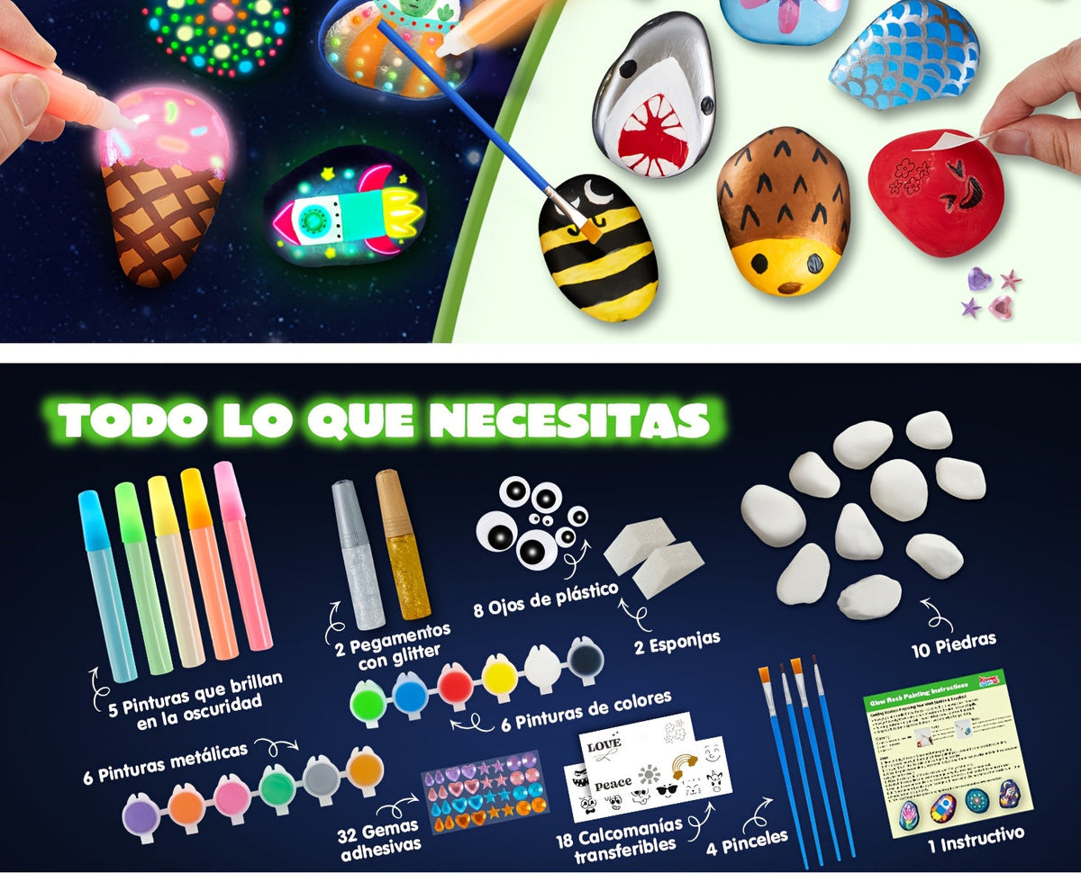 Kit de peinture sur galets phosphorescents pour enfants dès 6 ans – Ensemble complet d'arts créatifs avec 10 galets, 17 peintures, pierres précieuses, pinceaux et autocollants | Jouet créatif STEM pour garçons et filles, cadeau d'anniversaire et de Pâques