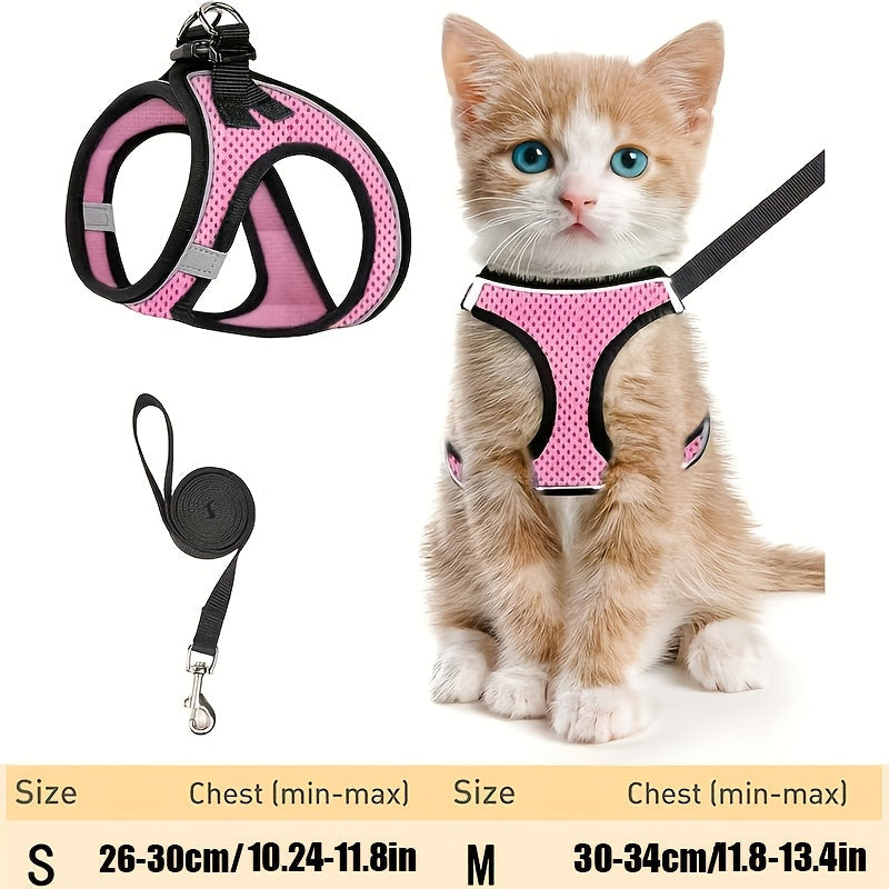 Harnais et laisse anti-fugue pour chatons - Harnais gilet en maille souple réfléchissante pour des promenades en extérieur en toute sécurité, veste de marche réglable et respirante pour chat, noir et rose, taille S
