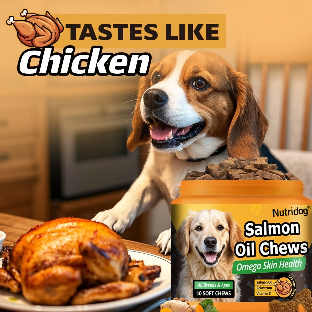 Complément nutritionnel pour chiens en bouchées tendres, 90 unités, aux probiotiques et huile de saumon, goût poulet - Soutient la santé du pelage, la santé intestinale et l'immunité pour les chiens de tous âges, 225 g