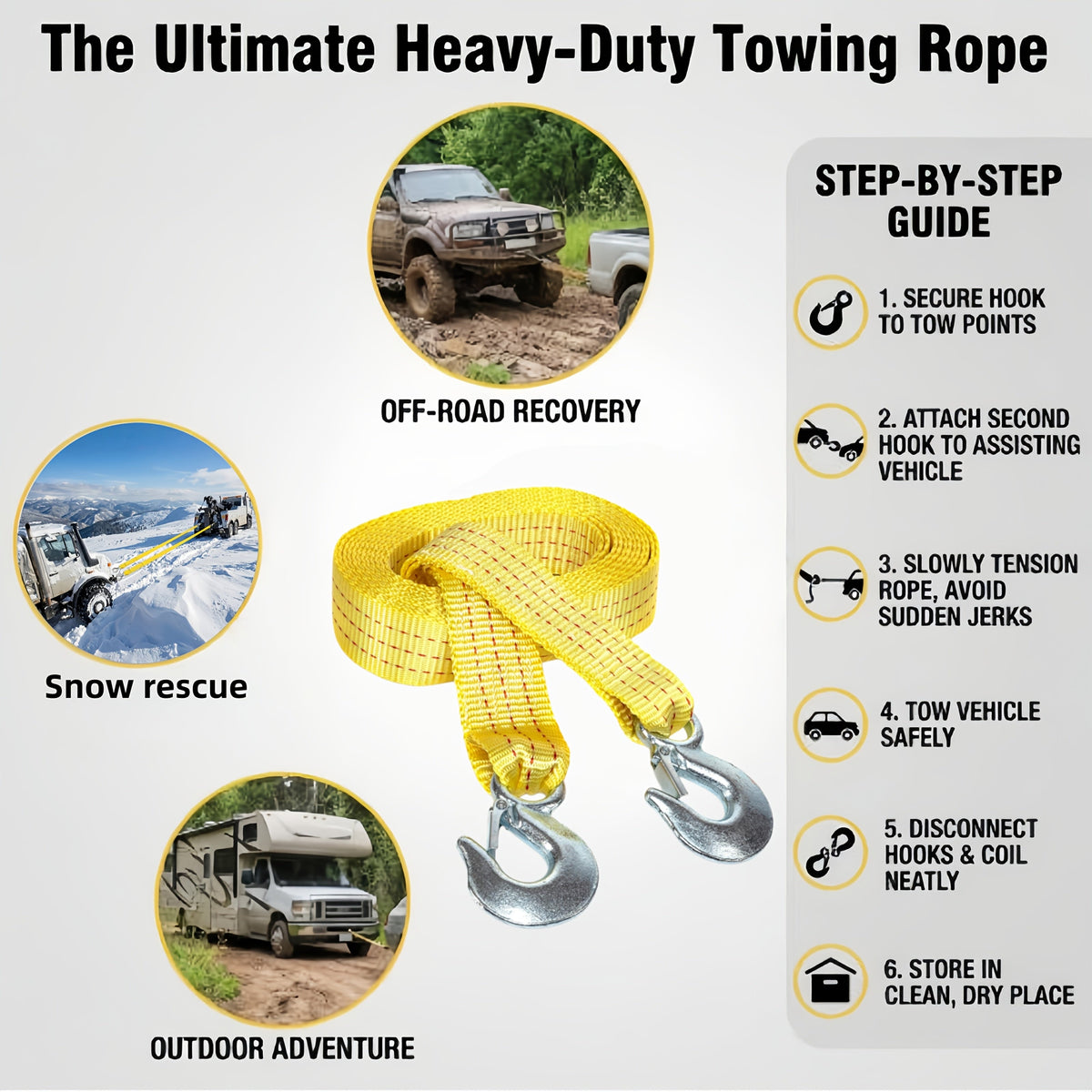 Sangle de remorquage robuste 5 tonnes 4 m – Sangle de treuil avec crochet en acier forgé pour dépannage tout-terrain, remorquage d'urgence pour SUV, camion, pick-up 4x4, kit de secours tout-terrain indispensable