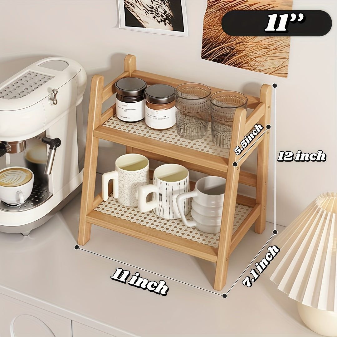 Étagère de comptoir en bois à 2 niveaux, design trapézoïdal vintage, organisateur de bureau en bambou pour cuisine, bureau, chambre, étagère de comptoir gain de place pour tasses à café, livres, décoration – Lot de 1 ou 2, grand et moyen