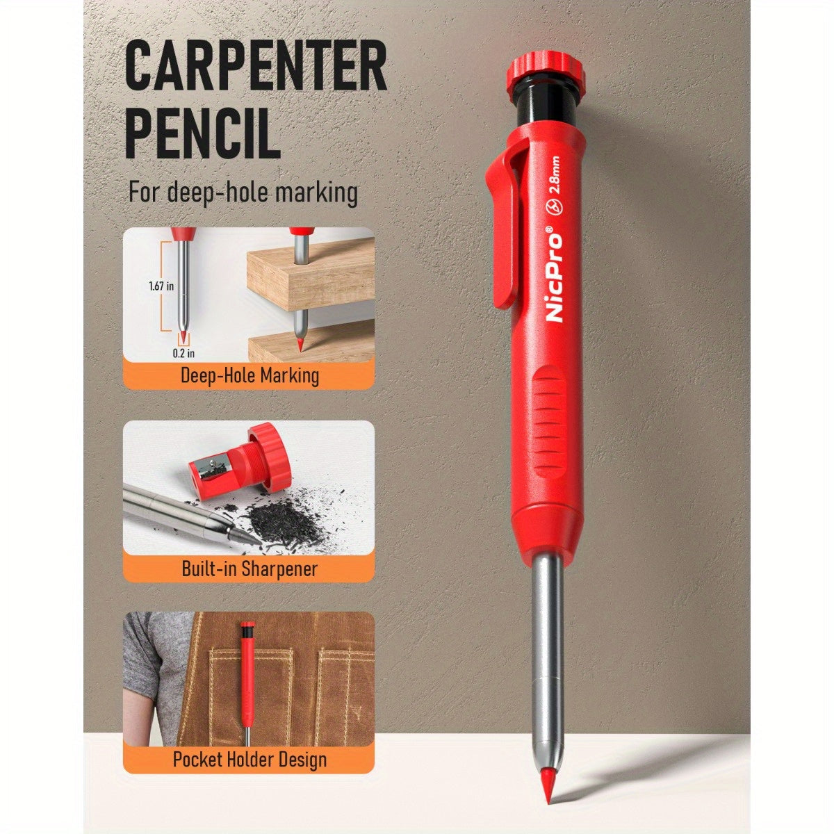 Ensemble de crayons de charpentier avec taille-crayon – Porte-mines avec recharges, pointeau automatique et pointe à tracer au carbure dans un étui robuste, kit de marquage professionnel de 15/16/17/18/27 pièces pour le travail du bois