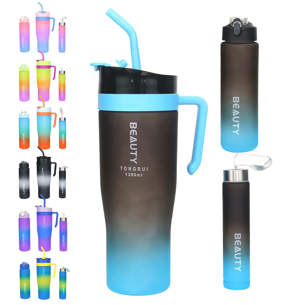 Ensemble de 5 bouteilles d'eau dégradées sans BPA avec paille et couvercle anti-fuite - Bouteilles de sport étanches de 1,3 L, 800 ml et 260 ml pour la gym, les voyages et l'extérieur