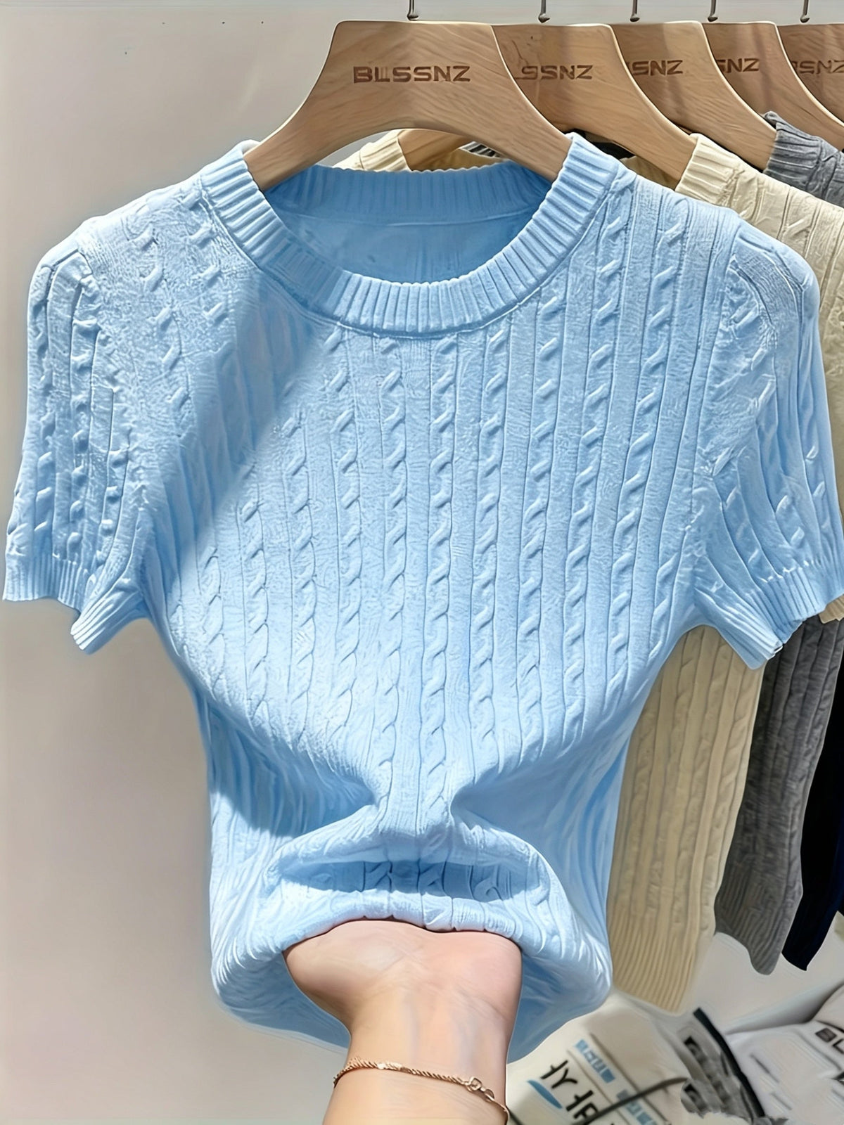 Pull femme en jacquard à manches courtes, chic, tricot torsadé, col rond, ourlet et poignets côtelés, léger, viscose, printemps-été, décontracté, S M L XL XXL