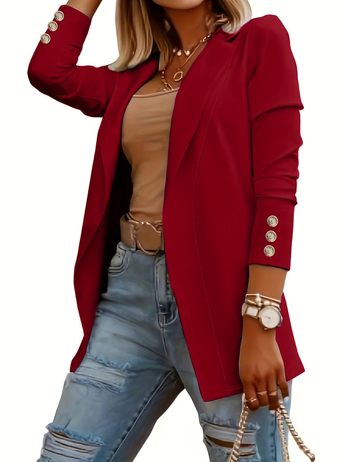 Women's Midi-Length Lapel Knit Jacket – Solid Color Long Sleeve Cuff 95% Polyester Micro-Stretch Casual Fashion Coat All-Season