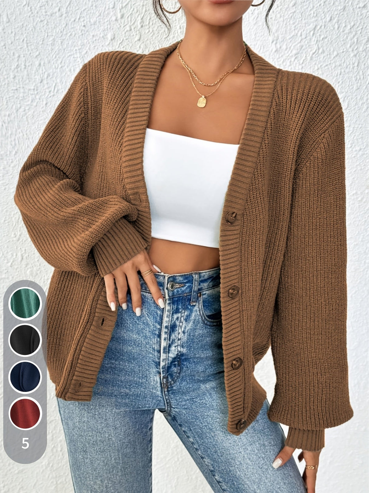 Gilet boutonné pour femme en maille côtelée épaisse, col en V, ouverture sur le devant - Pull veste oversize à épaules tombantes, gilet doux, extensible et chaud pour l'automne et l'hiver, disponible en 5 couleurs, du XS au XL