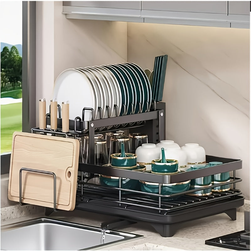 Égouttoir à vaisselle en métal à 2 niveaux avec porte-couverts, porte-gobelets et plateau d'égouttage antirouille – Égouttoir compact pour plan de travail de cuisine, égouttoir en acier durable pour tous types de surfaces