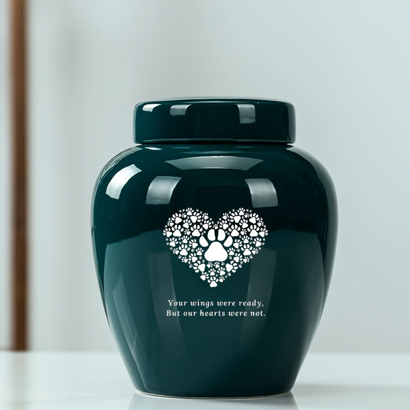 Urne funéraire pour animal en céramique, grande capacité - Urne souvenir de crémation pour chien et chat de haute qualité, gravée « Your Wings Were Ready But Our Hearts Were Not », urne durable pour le deuil, vert foncé