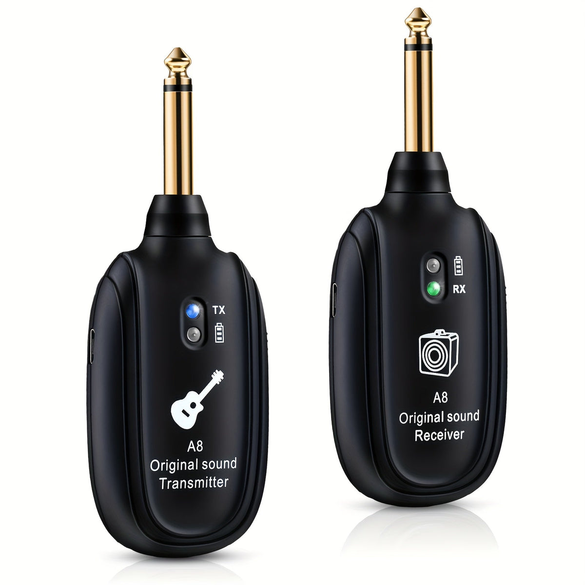 Système sans fil pour guitare A8 avec émetteur et récepteur rechargeables intégrés – Audio stéréo, chargement USB, compatible avec guitare électrique, basse et violon, fonctionne avec les amplificateurs