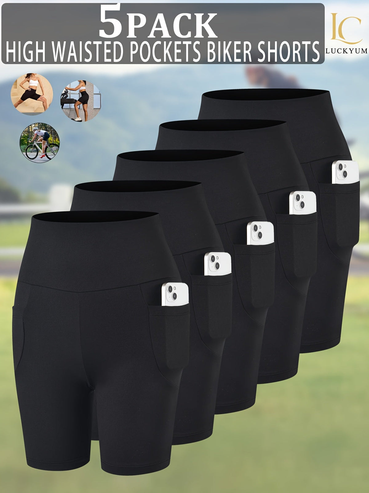 Lot de 5 shorts de cyclisme taille haute pour femme avec poches | Gainant et opaque | Short de sport pour yoga, course et entraînement, entrejambe de 15 cm | Stretch doux | XS-XXL | Couleurs assorties